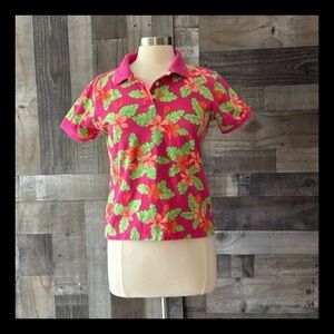 Caribbean Joe Hawaiian pink polo shirt medium petite tropical floral resortwear